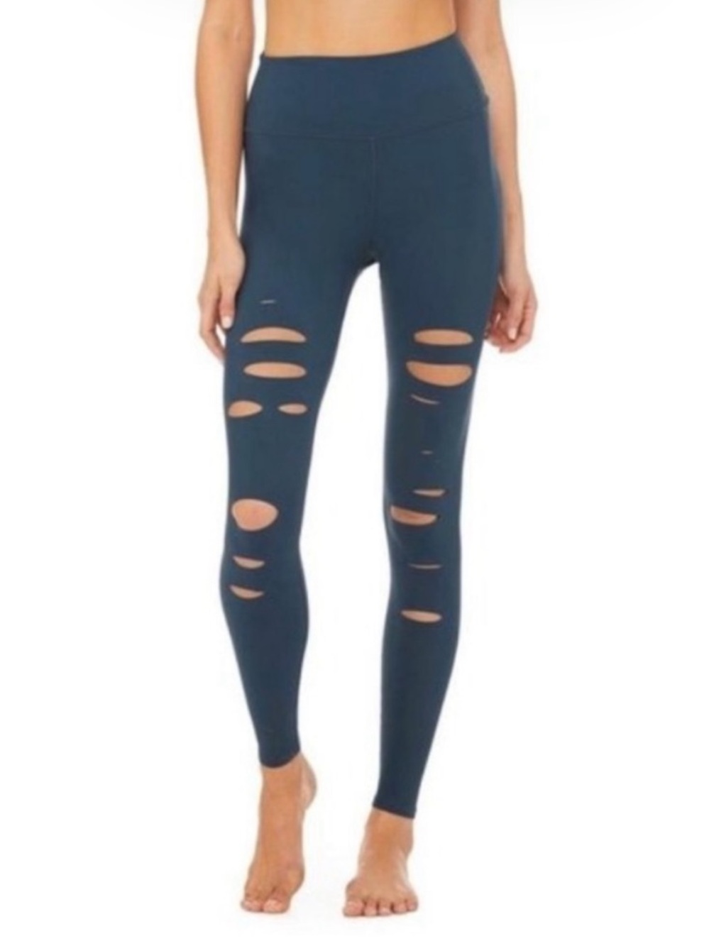 Alo Blue Hi-Waist Warrior Ripped Leggings Sz M w MEASUREMENTS Reflective Logo
